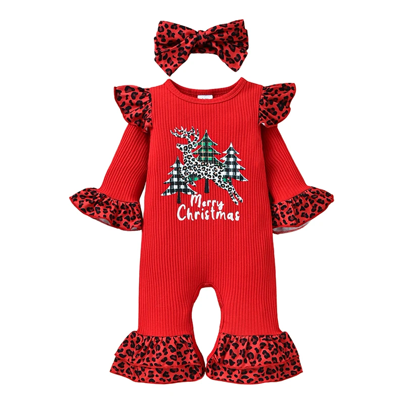 

Christmas Baby Girls Outfit, Infant Elk Tree Letter Pattern Leopard Print Splicing Long Sleeve Round Collar Romper + Headwear