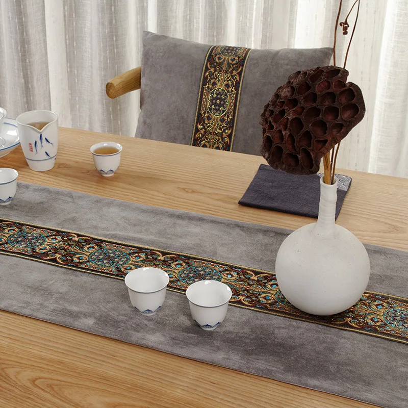 New Chinese Style Embroidery Solid Red Table Runner Simplicity Blue Flag Cover Decoration for Dining with Tassels | Дом и сад