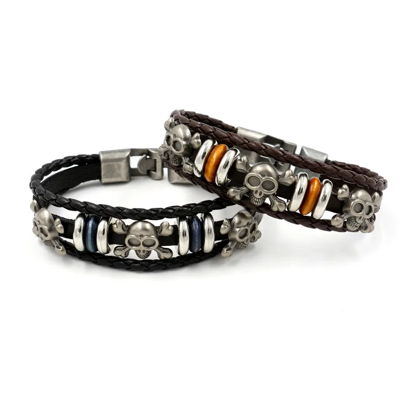 Мужской браслет из натуральной кожи серебро 925 пробы с изображением пиратского