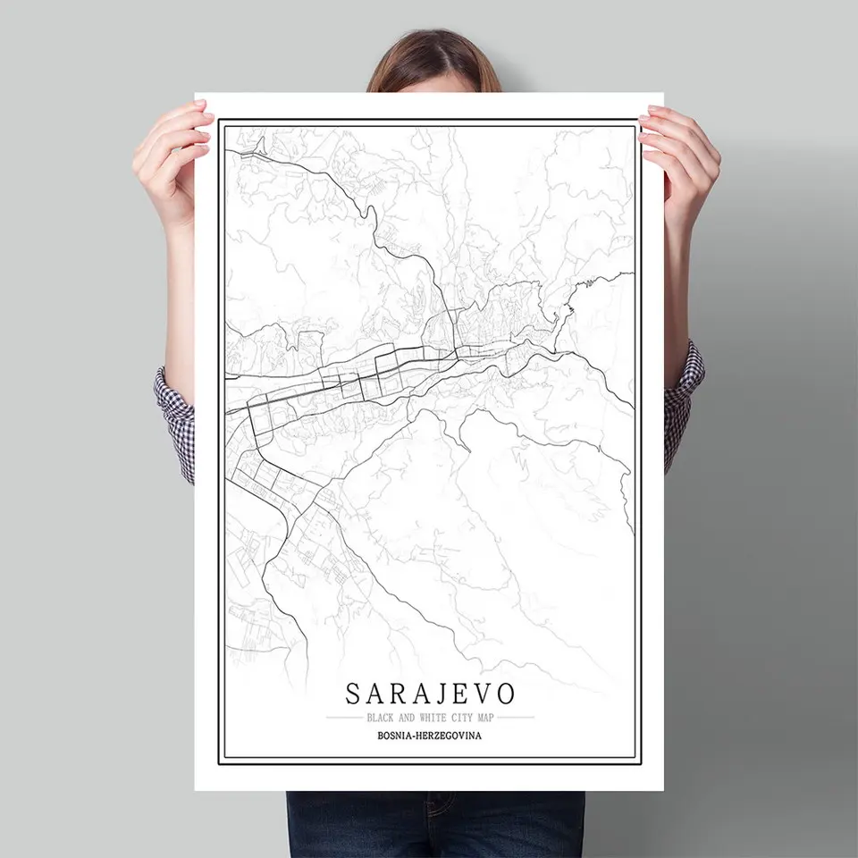 Фото Черно белая карта города мира плакат Северная гостиная Сараево настенные