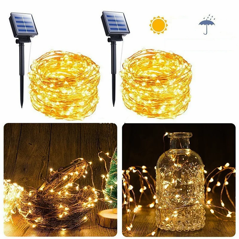

200 Led Solar 20m WarmLight Copper String Light With Light Chain Fairy Garland Outdoor Waterproof Light Backyard Home Decoration