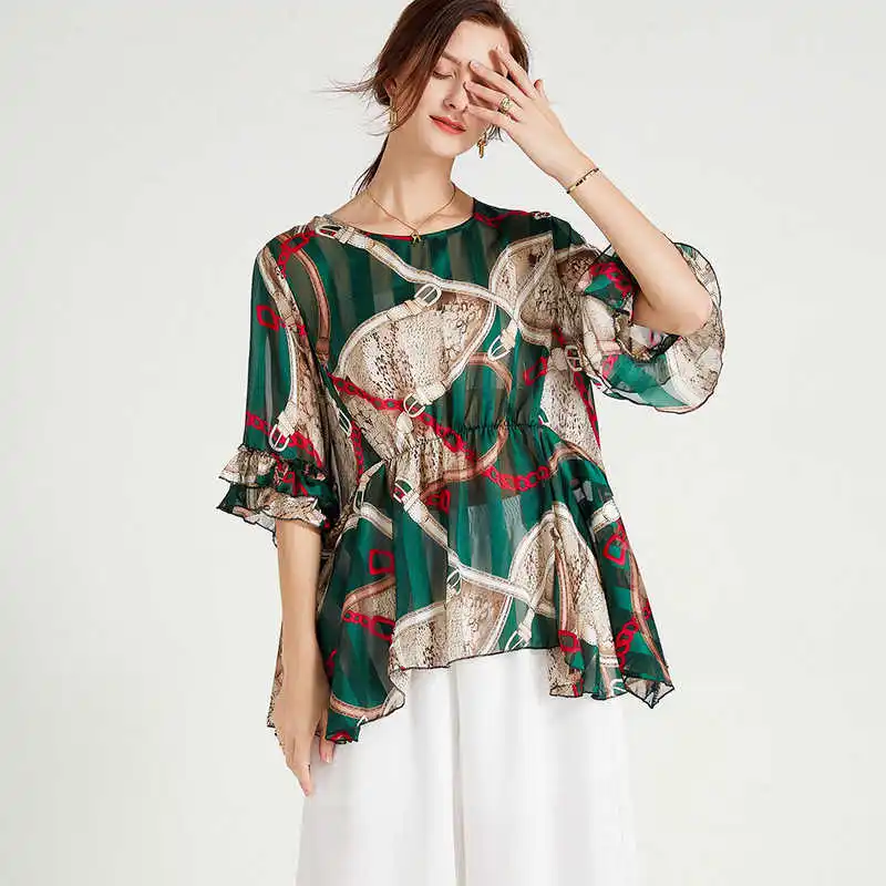 

LANMREM Large Size Women's Shirt 2021 Summer New Short Flare Sleeve Chiffon Loose Fashion Printed Chain Top Female 2D4036