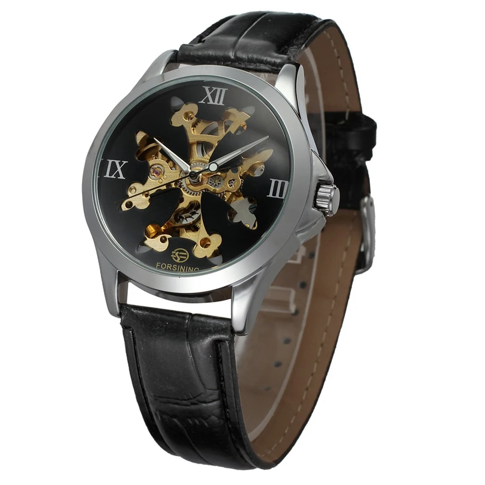 

New FORSINING Watches Men Classic Leather Strap Gold Skeleton Dial Analog Hollow Out Automatic Mechanical Wristwatch Gift