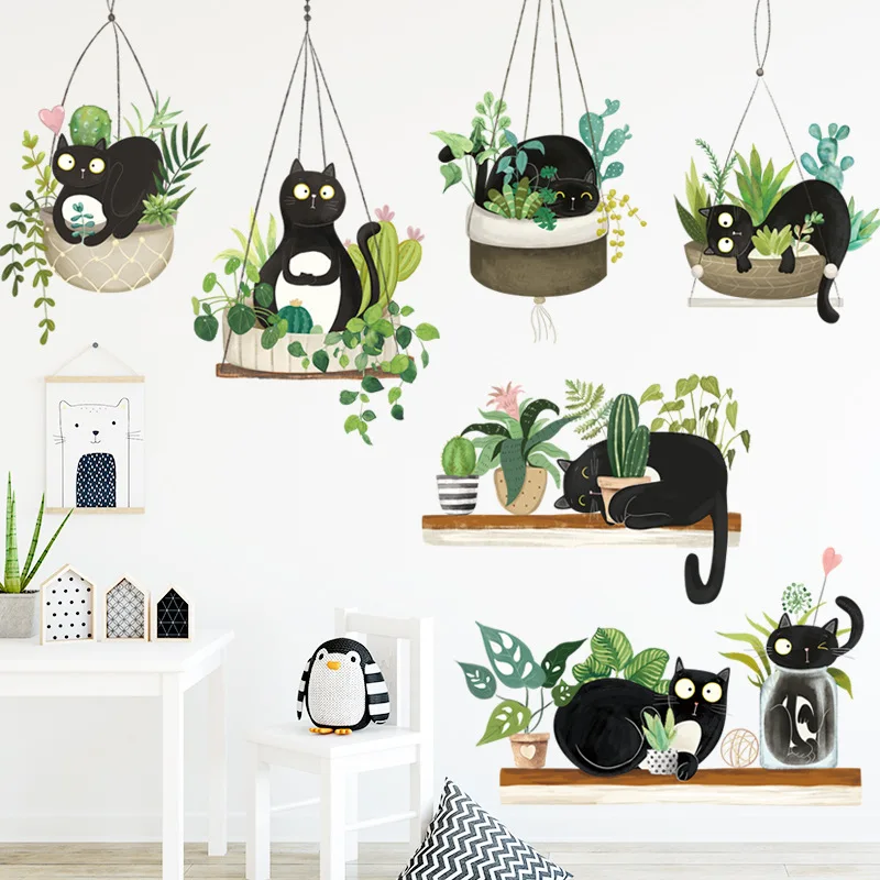 

Cat Potted Plants Wall Stickers Cute Home Decoration Nursery Living Room Kids Bedroom Bathroom Self-adhesive Vinyl Decals Cactus