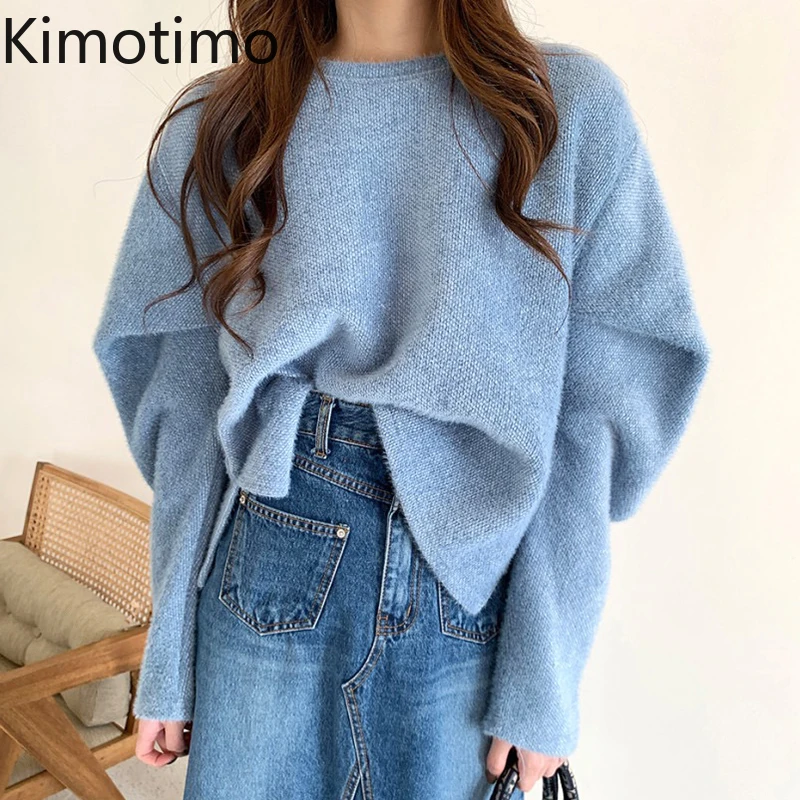 

Kimotimo Solid Pullover Women Korean Chic Lazy O-neck Loose Sweater Autumn Winter All-match Puff Sleeve Casual Knitted Sweaters