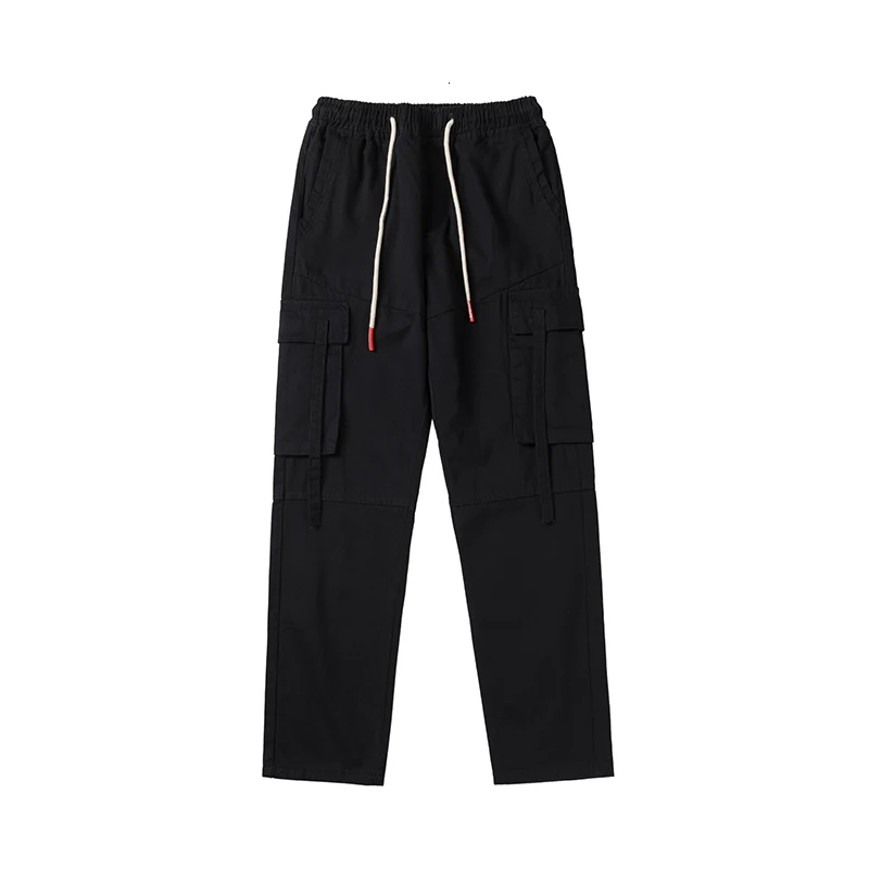 

Men's Cotton Ribbon Decorate Male Casual Pants LooseTrousers Active Elastic Hip Hop Leisure Black/khaki Joggers Sweatpants
