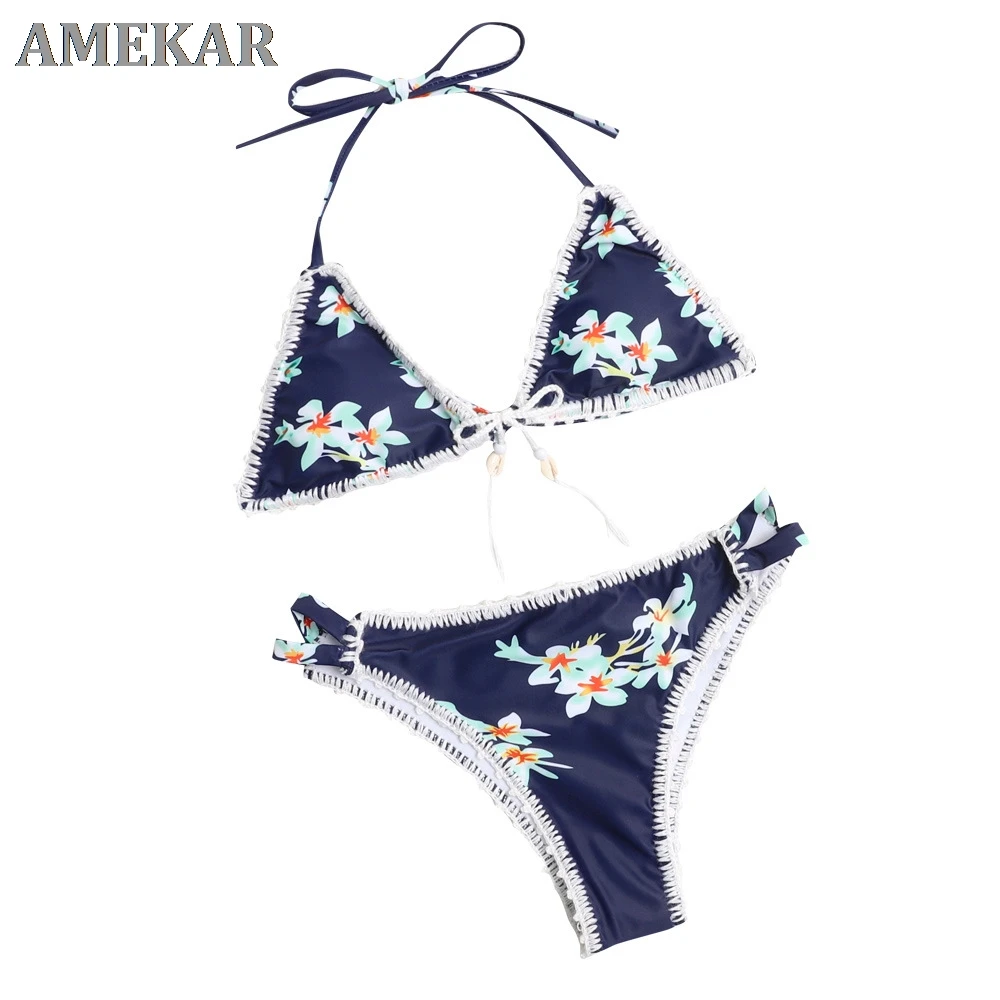 

2 Pieces Floral Micro Bikini High Waist Printing Tassel Swimsuit Women Swimming Suit for Women t Monokini Bathing Suit Woman