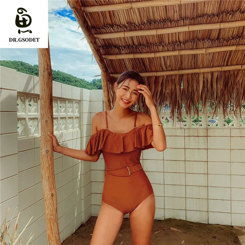 

GSODET Push-Up Swimsuit 2021 New Women Summer Korean Solid Ruffled One-Piece Triangle Swimwear Slim Bathing Suit Beachwear