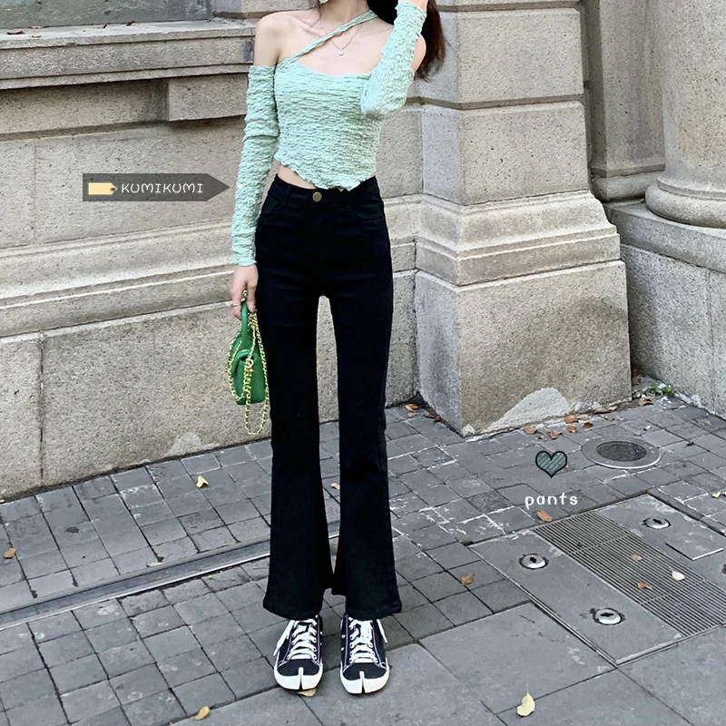 Черные Микро расклешенные брюки женские узкие прямые с высокой талией летние