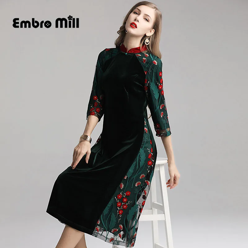 Осеннее новое бархатное платье в китайском ретро-стиле с вышивкой для мам