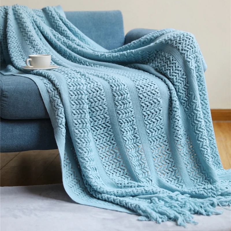 

Nordic Style Travel Blanket Solid Color Knitted Air Conditioning Napping Throw With Tassels Striped Thread Woven Sofa Bed Flag