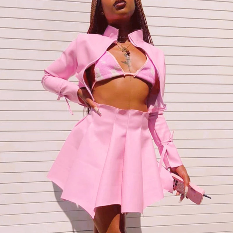 

Women Tops Skirt Suit, Long Sleeve Crop Zipper Coat High Waist Pleated A-Lined Short Half Dress
