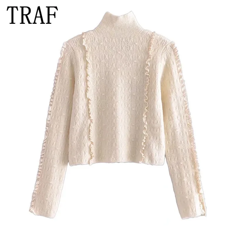 

TRAF Ruffle Turtleneck Women Sweater Pullover Cropped Knitted Sweater Woman Jumper Pompom Long Sleeve Knit Top Thin Sweaters
