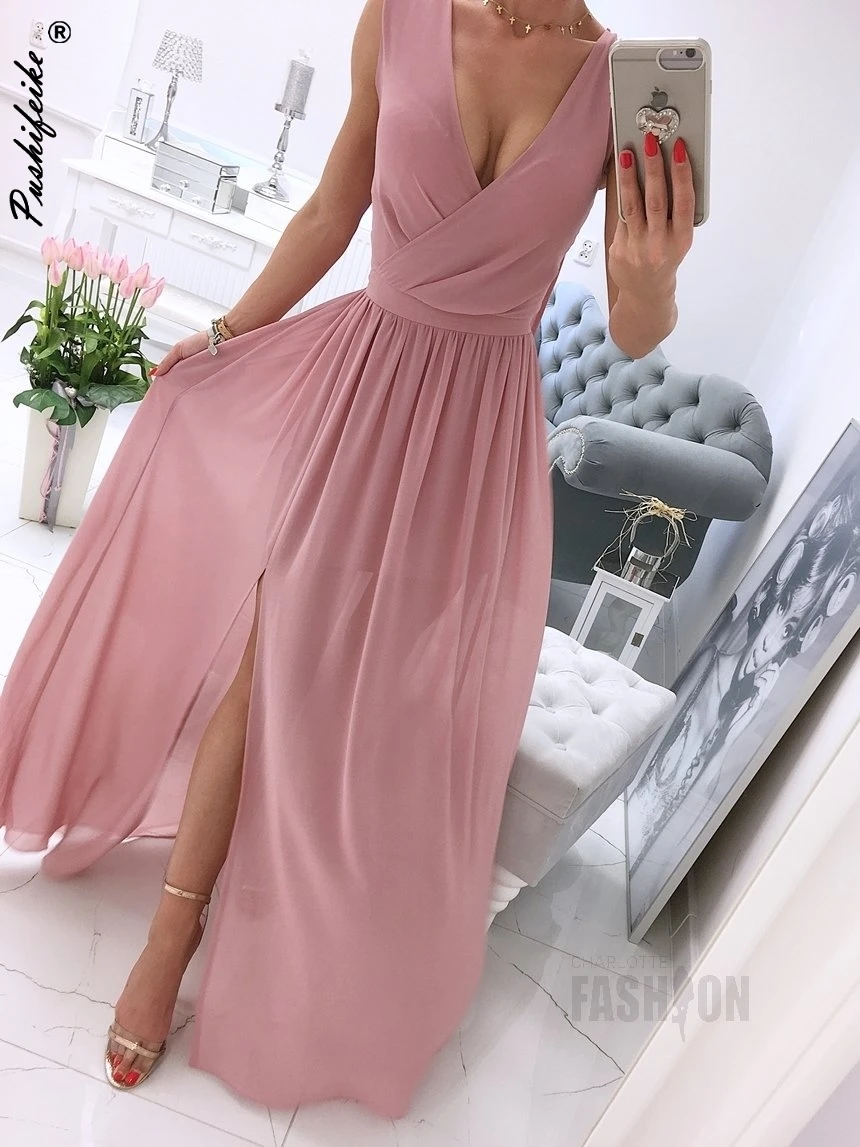 

PUSHIFEIKE 2021 Summer Dress For Women leisure Tunics Style Fashion Sleeveless V-Neck Waist Blet Loose Dresses Plain color Style