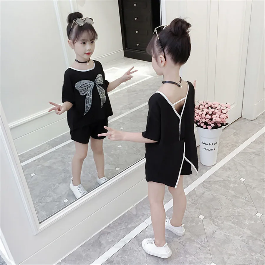 Одежда для девочек сплошной цвет топ футболка + шорты комплект одежды летней