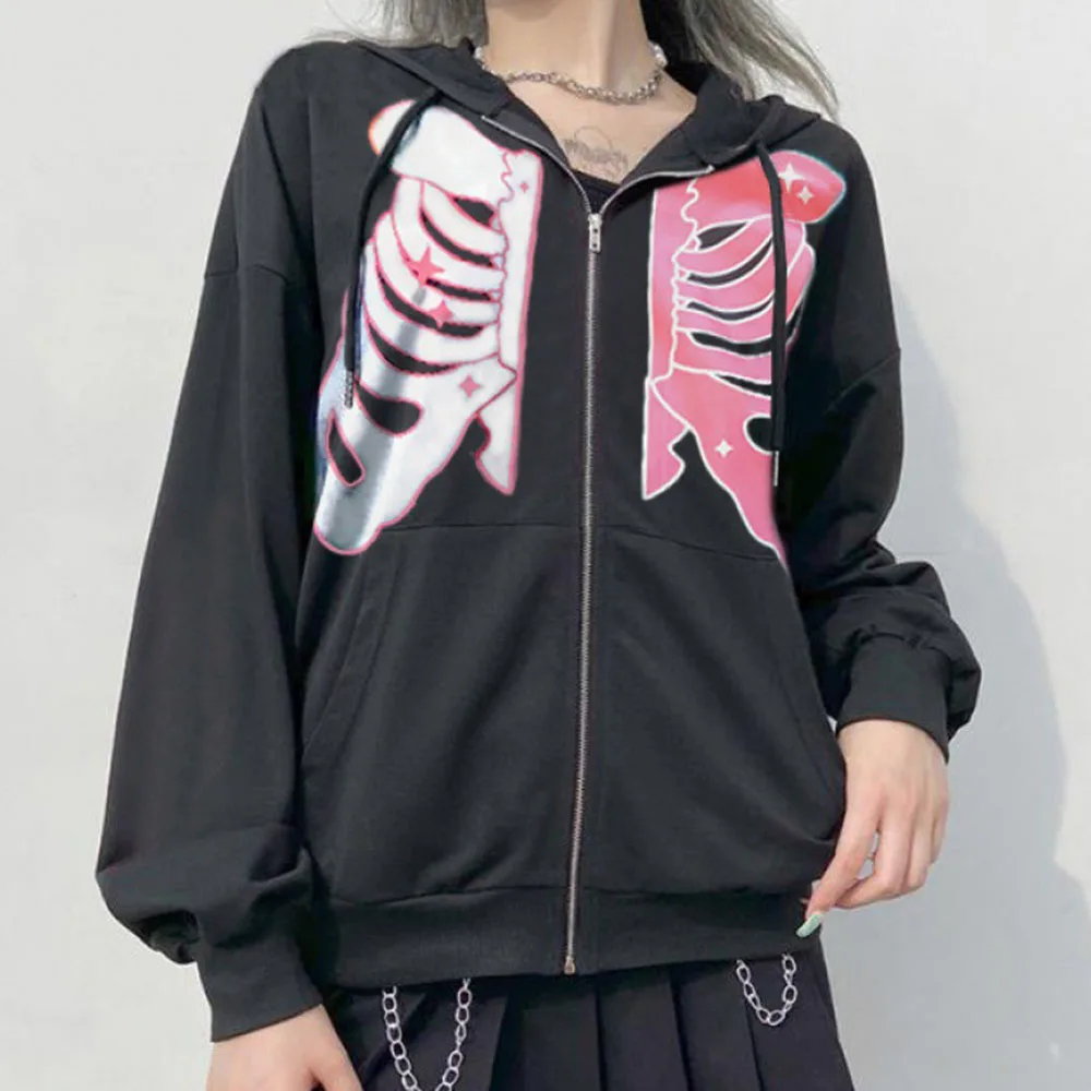 

Women's Autumn Hoodie Casual Fashion Street Trend Style Long Sleeve Zipper Pocket Slim Comfortable Skeleton Skeleton Printed Top