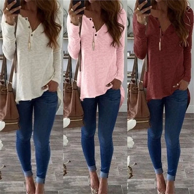 

Casual T Shirts Women Long Sleeve Button T-Shirts V-Neck Female Solid Color Clothing Top Shirts