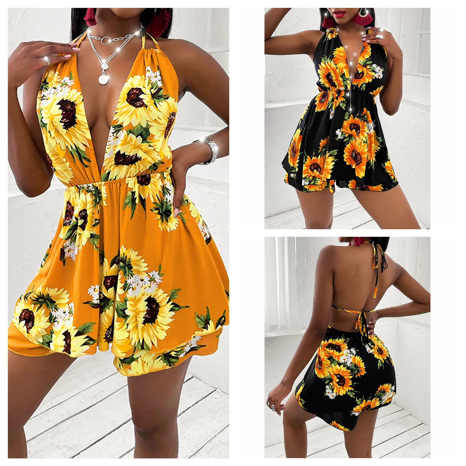 

2021 New fashion Hot Women Summer Dress, Sunflower Print Tied Straps Deep V-Neck Backless A-Line Skirt for Girls, Black/Yellow