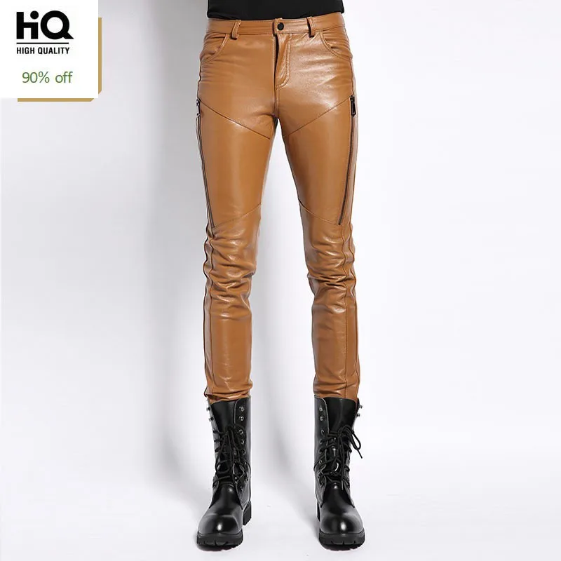 Sheepskin Real Leather Mens Pants 2020 New Fashion Casual Skinny Slim Full Length Trousers Motorcycle Soft Masculina Pantalon | Мужская