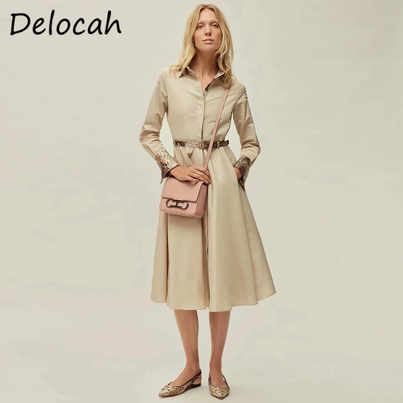 

Delocah; Сезон лето; Модные женские дизайнерские вечерние миди платье с длинным рукавом, с поясом, твердые Печатные элегантные облегающие Женск...