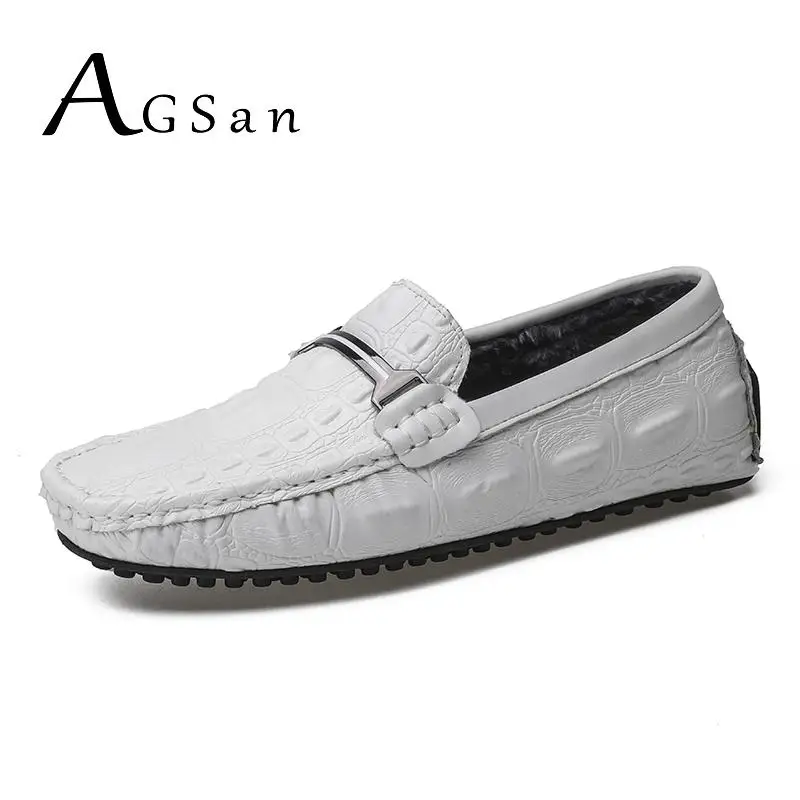 AGSan Winter Men Loafers Leather Moccasins Hombre Plush Warm Driving Shoes Designer Fur Mocasines White Burgundy | Обувь