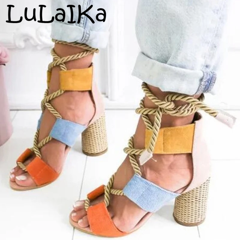 LuLaIKa 2020 Summer New Ladies Fashion Round Head Comfortable Breathable Open Toe Casual Wild Lacing High-heeled Sandals 5-8cm | Обувь