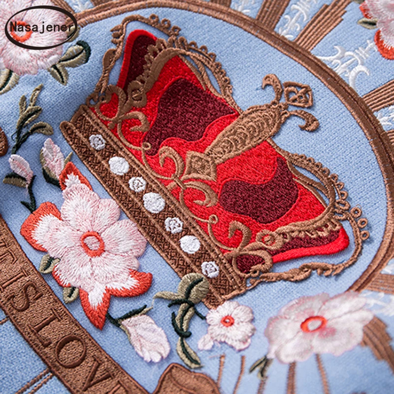 Runway luxury Winter Knitting Pullovers Women's High Quality Floral Crown Embroidery Casual Loose Blue Sweater | Женская одежда