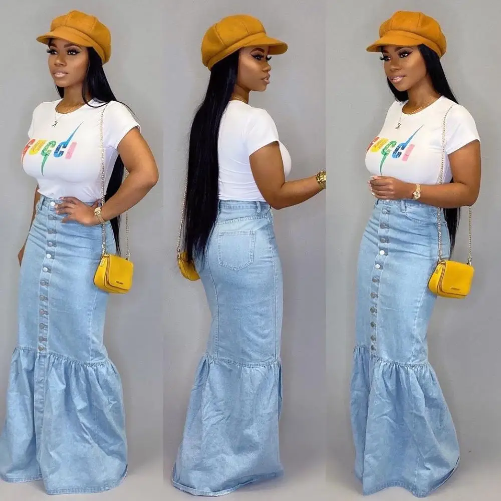

Floor Length Denim Skirts Fashion Button Up Maxi Long Mermaid Skirts Classical Light Blue Casual Skirts For Women B9212G