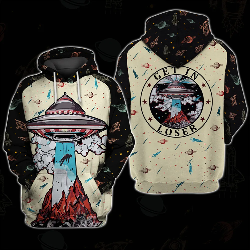 

Stitching design graffiti cartoon flying saucer print fun 3D hoodie