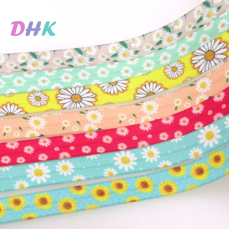 

DHK 5/8'' 50yards Flower Chrysanthemum Sunflower Printed Fold Elastic FOE Stretch Ribbon Hairbow Headwear Headband DIY S1557