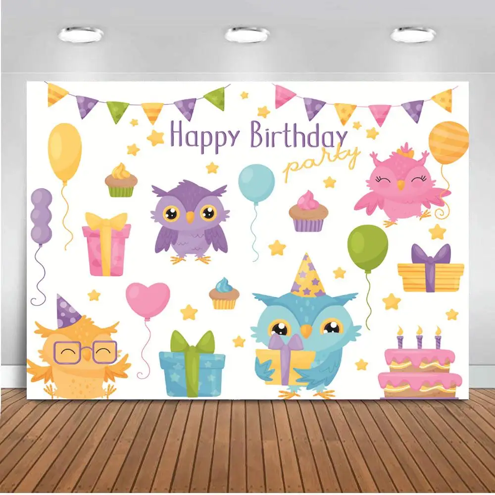

Cartoon Owl Candy Gifts Newborn Baby Photo Background Nighthawk Happy Birthday Kids Party Dessert Table Backdrops Decor Poster