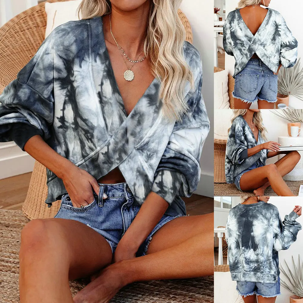 

Women Autumn Tunic Navy Blue Printed Tie Dye Sexy Long Sleeve Deep V-neck Loose Pullover Fashion Two Ways to Wear Swearshirts