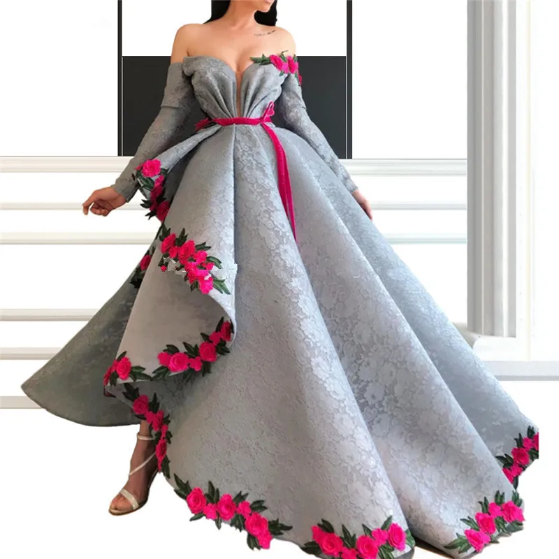 

Gray Muslim Evening Dresses Ball Gown Long Sleeves Embroidery Lace Dubai Saudi Arabic Long Formal Evening Gown