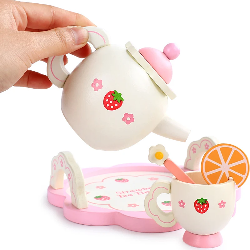 

2020 Wooden Mini Tea Set Toy Cup Teapots Tray for Children Kids Kitchen Role Playing Game