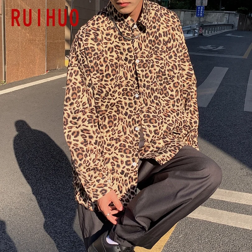 Рубашка RUIHUO мужская с леопардовым принтом повседневная одежда на пуговицах