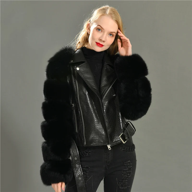 

Women Real Fox Fur Sleeves Crocodile Pattern Genuine Leather Jacket Short Style Natural Fox Fur Jacket