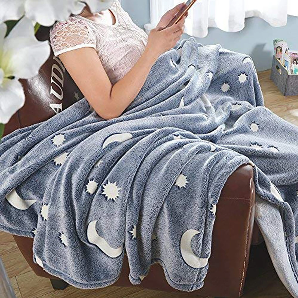

Fleece Blanket Bedspread Glow In The Dark Throw Grey Stars / Moon New Plush Furry Throw Warm Blanket Sofa