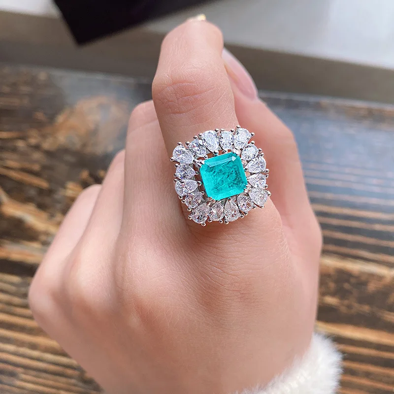 

Shipei 925 Sterling Silver Paraiba Tourmaline Emerald Created Moissanite Gemstone Wedding Engagement Fine Jewelry Luxury Rings