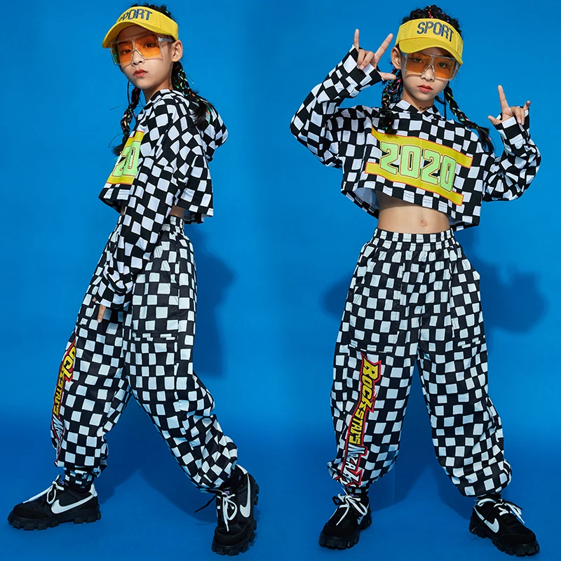 

Jazz Performance Costume Girls Hooded Tops Pants Lattice Outfits Kids Hip Hop Dance Clothes Catwalk Stage Costume Rave BL7150