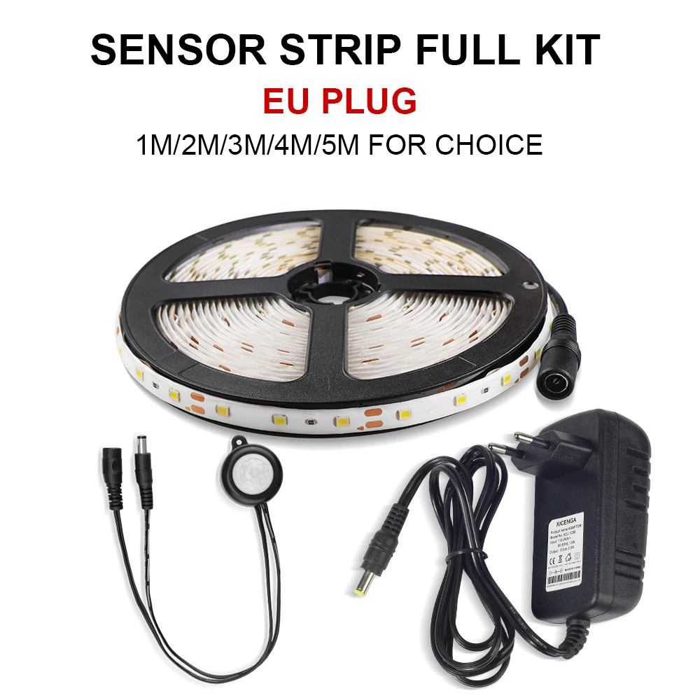 Движения Сенсор Светодиодные ленты светильник 12V 2835 SMD 60 Светодиодный S/m Сенсор ночной Светильник кровать светильник с автоматическим выключением таймер светильник - Испускаемый цвет: Sensor Kit EU Plug