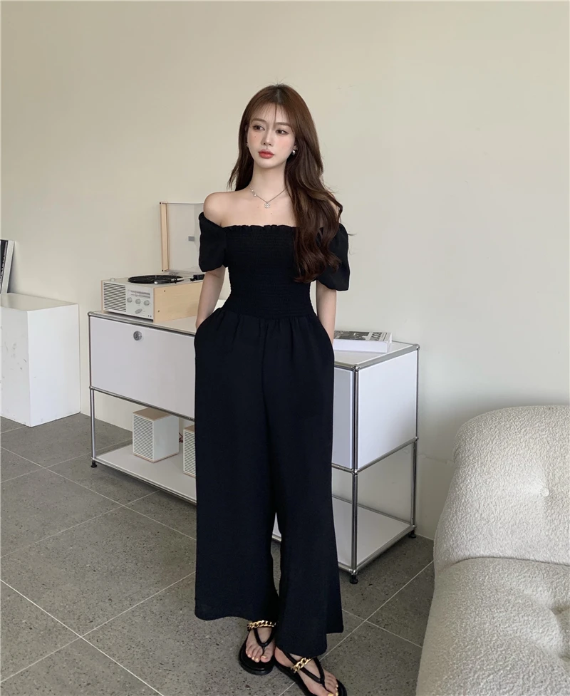 

Женский Повседневный комбинезон с открытыми плечами, черный комбинезон с брюками, женский комбинезон с высокой талией и широкими штанинами...