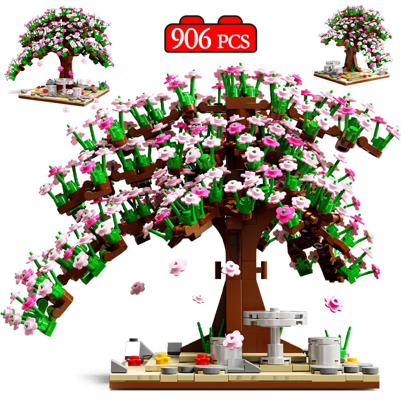 

906pcs City Romantic Sakura Tree Building Blocks Street View Cherry Blossom Friends Stone Table Figures Bricks Toys For Kids