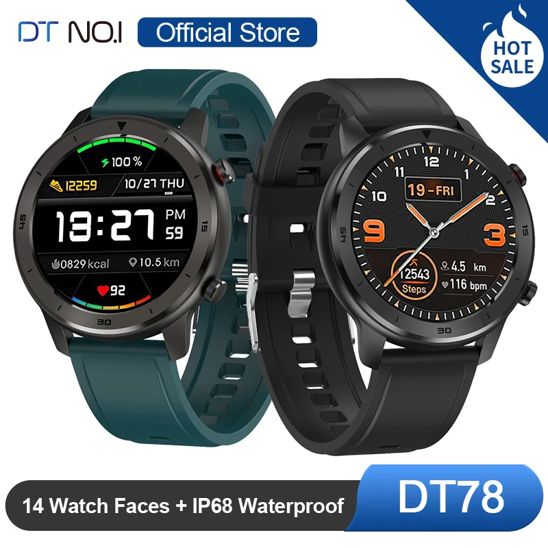DT NO.1 DT78 Круглые сенсорные элементы управления Smart Watch 14 Мульти циферблаты Smartwatch Браслет Фитнес-трекер Мужчины Женщины Носимые устройства Группа Монитор сердечного ритма Информация Push-напоминание