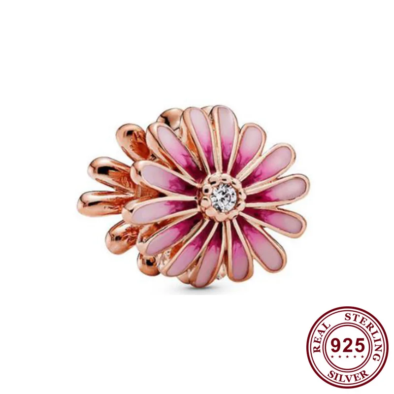 

100% 925 Sterling Silver Bead Rose Gold Pink Daisy Beads Fit Pandora Women Bracelet & Necklace Diy Jewelry