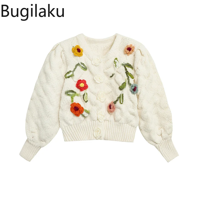 

Bugilaku Retro Lazy Sweater O-neck Long Sleeves Heavy Industry Hook Flower Knitting Pullovers Women Japanese New All Match Coats