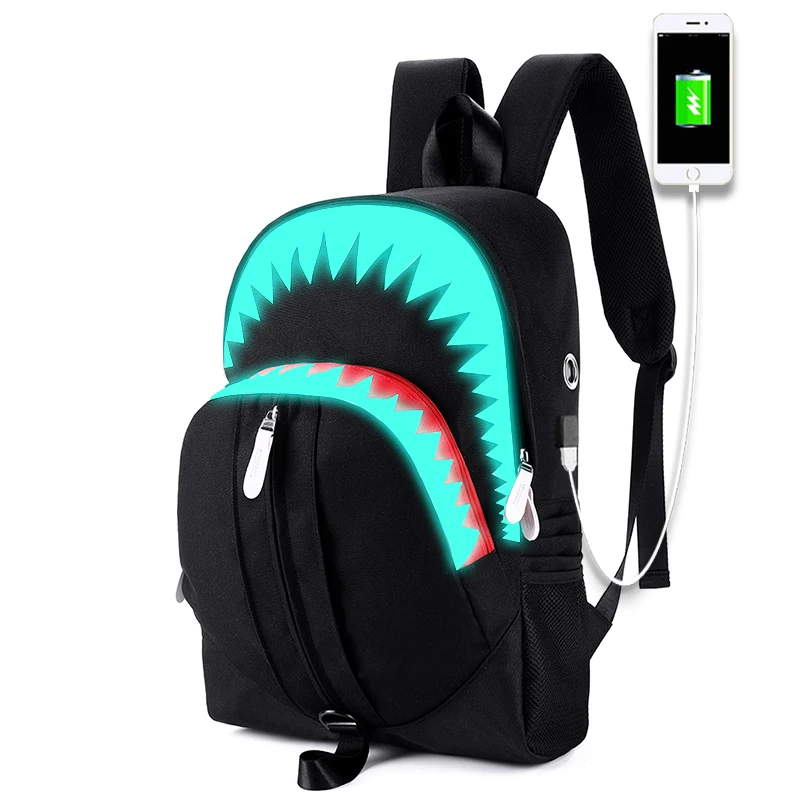 night luminous backpack men fashion usb charging shark laptop bookbag chest bag teenagers school bag mochila black travel bag free global shipping