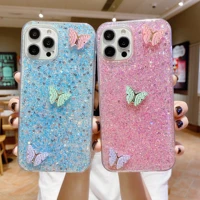 glitter butterfly transparent clear soft phone case for iphone 13 mini 12 11 pro max xr x xs max 6 6s 7 8 plus se 2020 cute case
