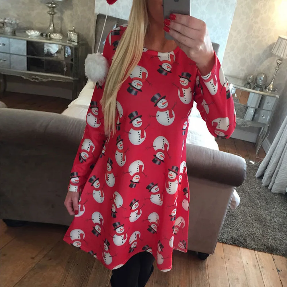 

boho women dress womens clothing 2020 fashion ladies Christmas long sleeve snowman printed long sleeve female dresses