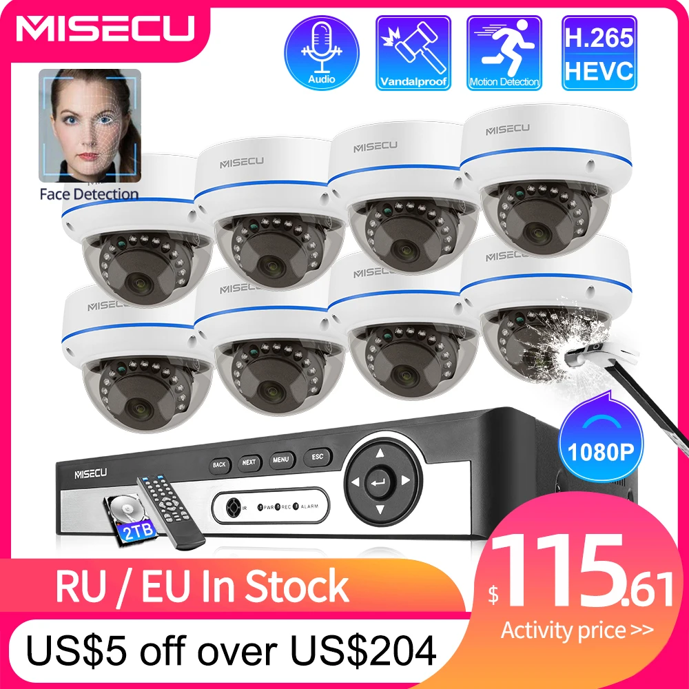 

MISECU 4CH 8CH 1080P POE NVR Kit Security Camera H.265CCTV System Indoor Audio Record IP Dome Camera P2P Video Surveillance Set
