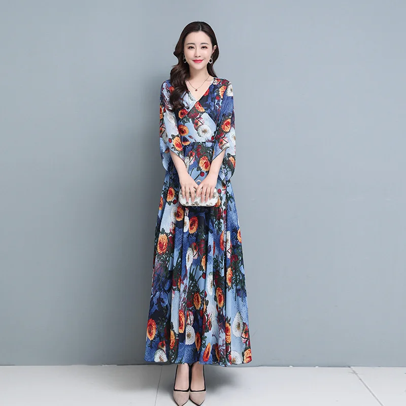 

Chiffon print dress 2021 summer new women's dress waist to show thin temperament to ankle-length long dress